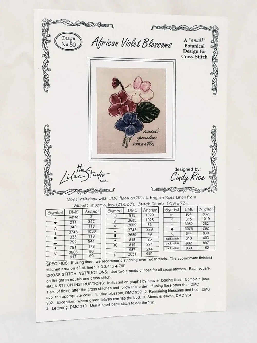 African Violet Blossoms The Lilac Studio Cross Stitch Pattern Card 1997